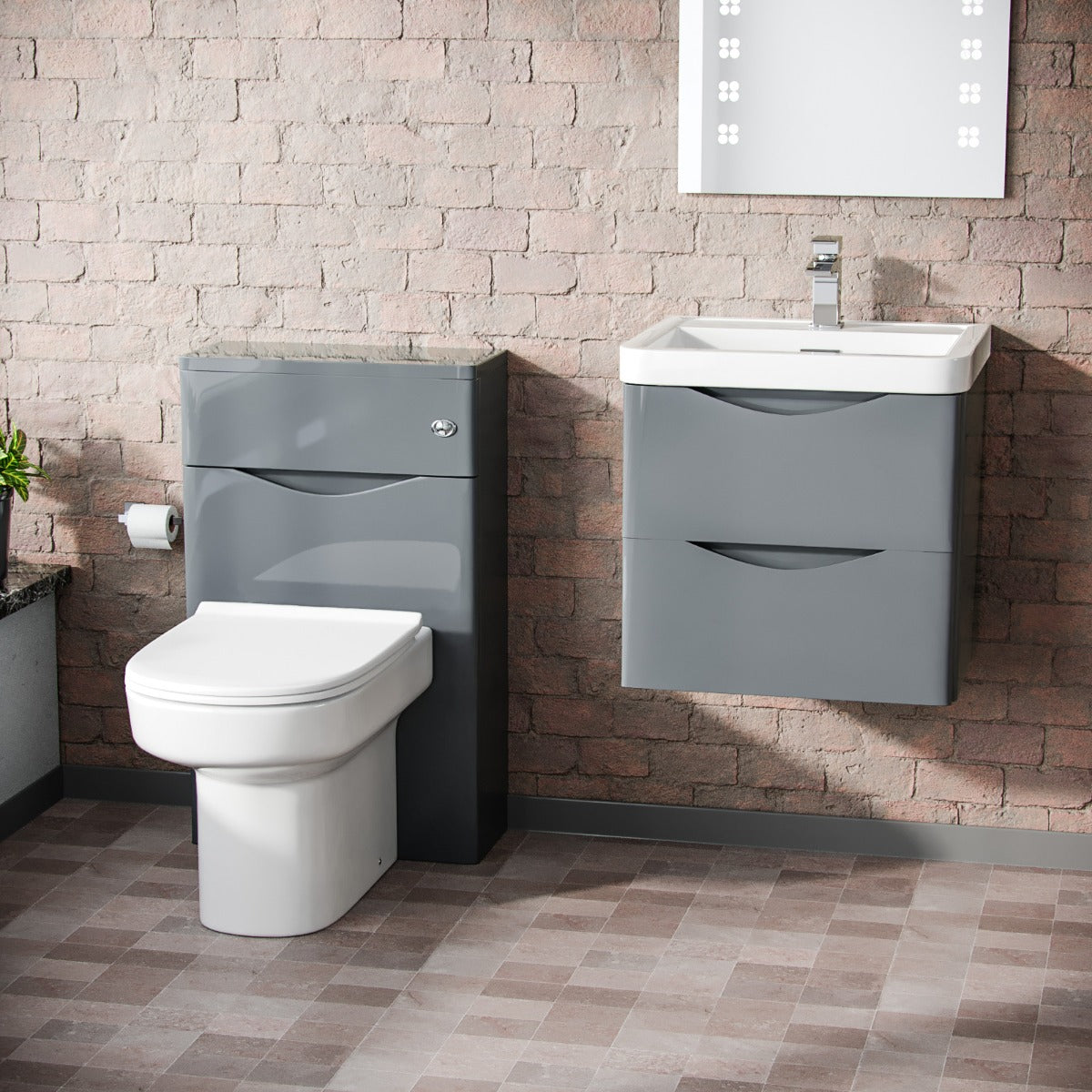 Merton 500mm Wall Hung Vanity Basin Unit, WC Unit & Chem Back to Wall Toilet Grey