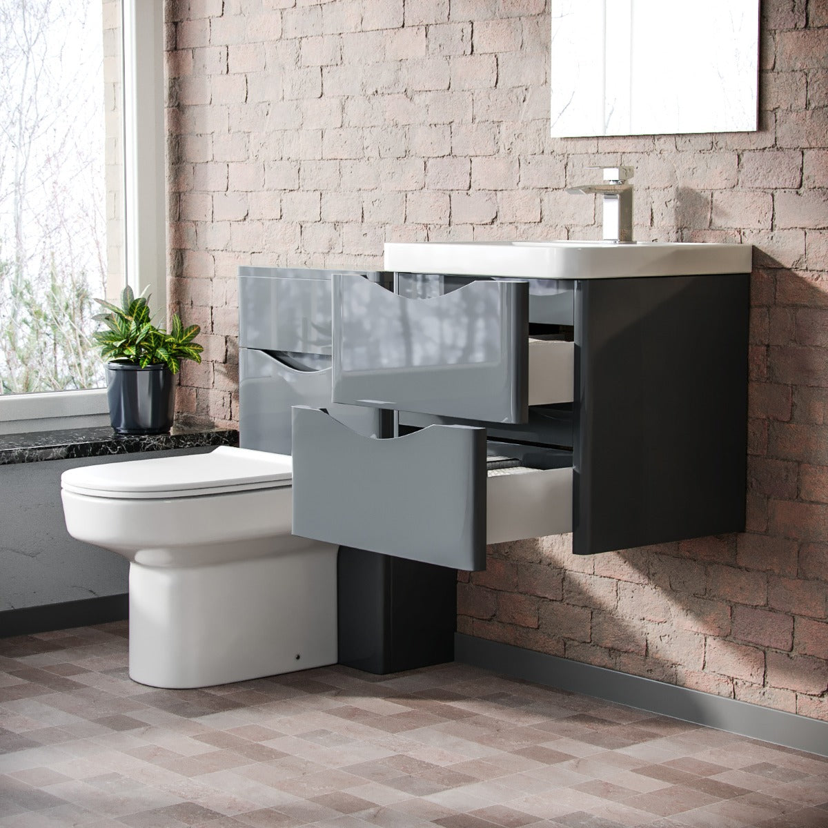 Merton 500mm Wall Hung Vanity Basin Unit, WC Unit & Chem Back to Wall Toilet Grey