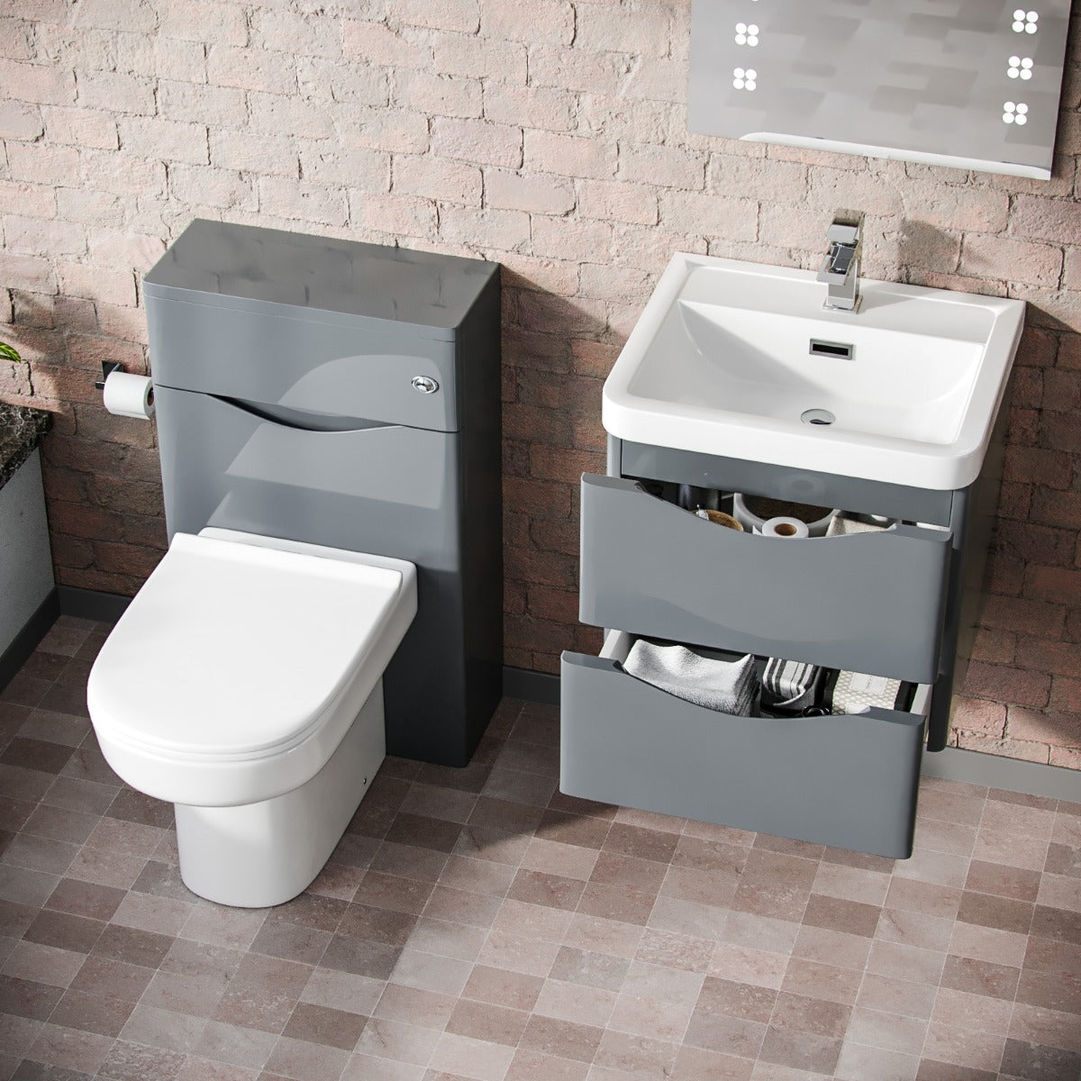 Merton 500mm Wall Hung Vanity Basin Unit, WC Unit & Chem Back to Wall Toilet Grey