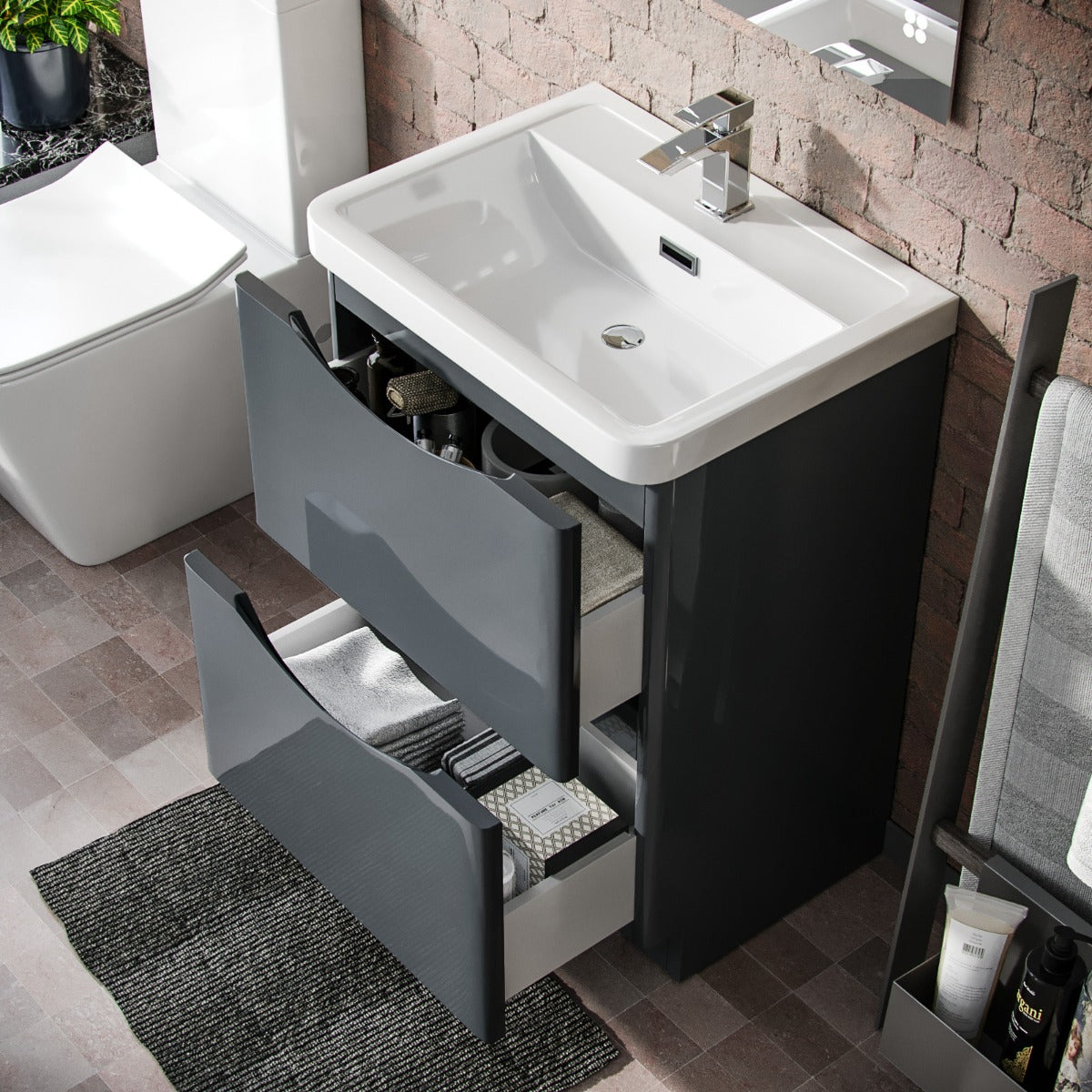 Merton Dark Grey 600mm Flat Pack Vanity Cabinet with a Waterfall Basin Tap and Waste Set