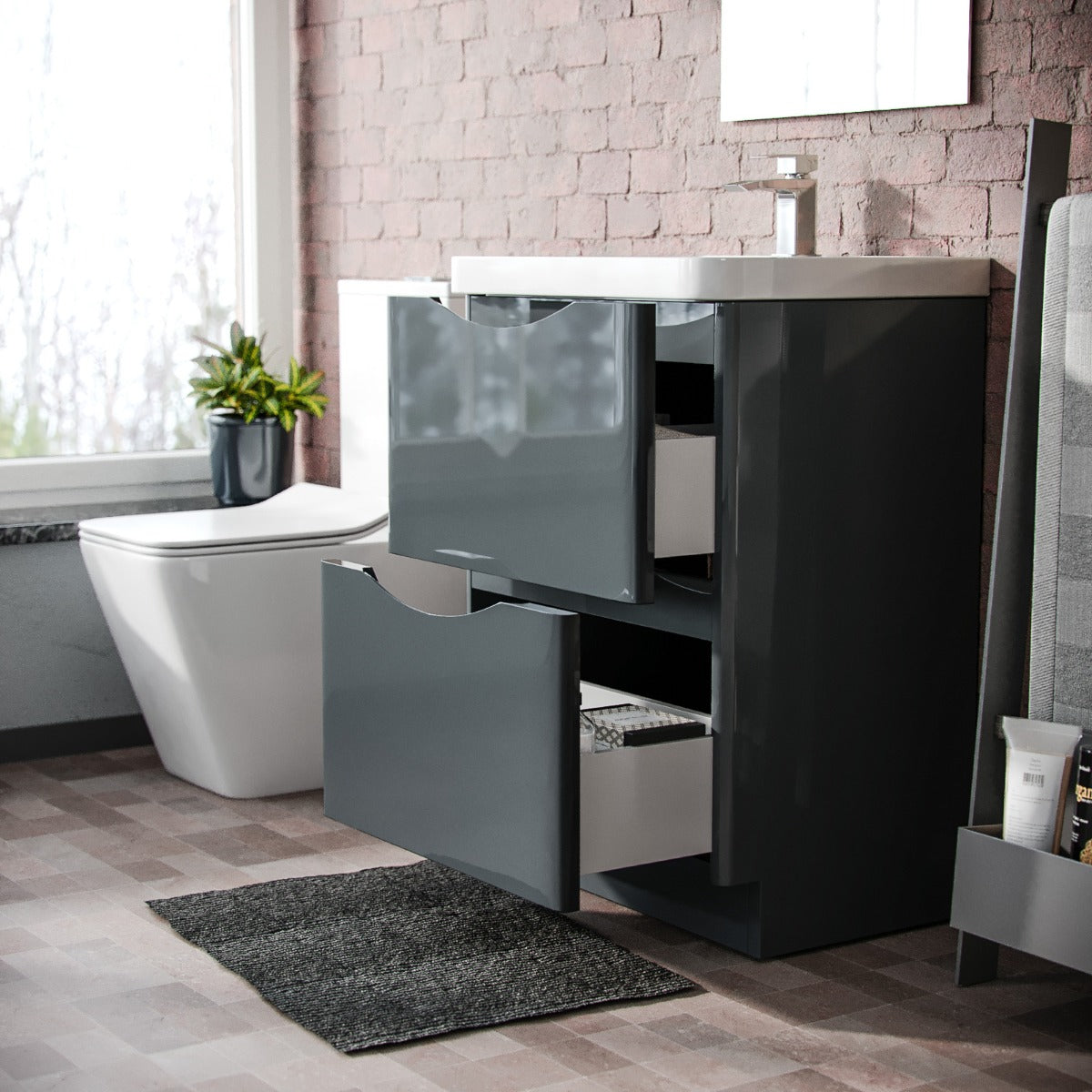 Merton Dark Grey Basin Sink Flat Pack Vanity Unit and Basin Tap with Waste Set