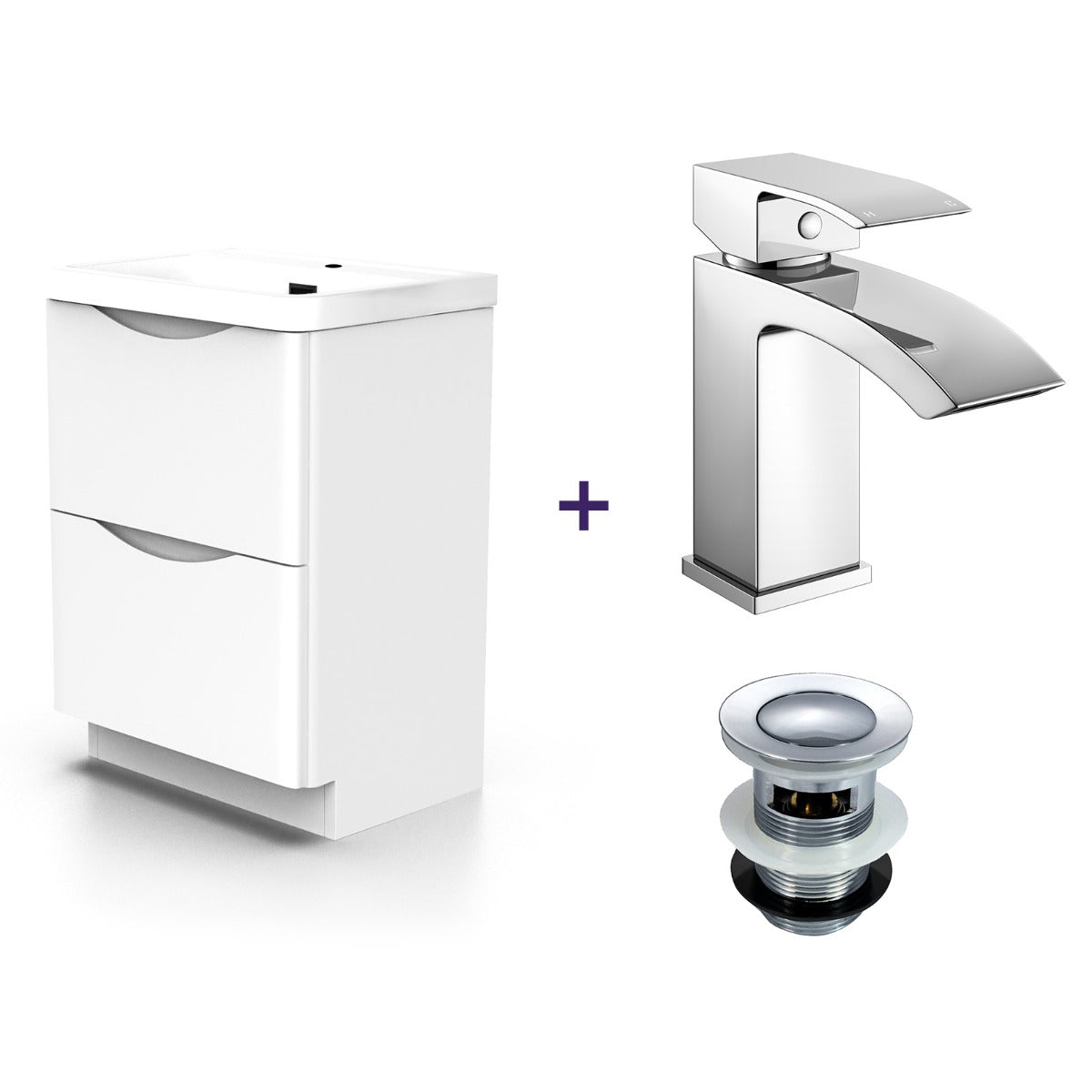 Merton 600mm Basin Vanity Unit and Waterfall Mono Mixer Tap and Waste Set