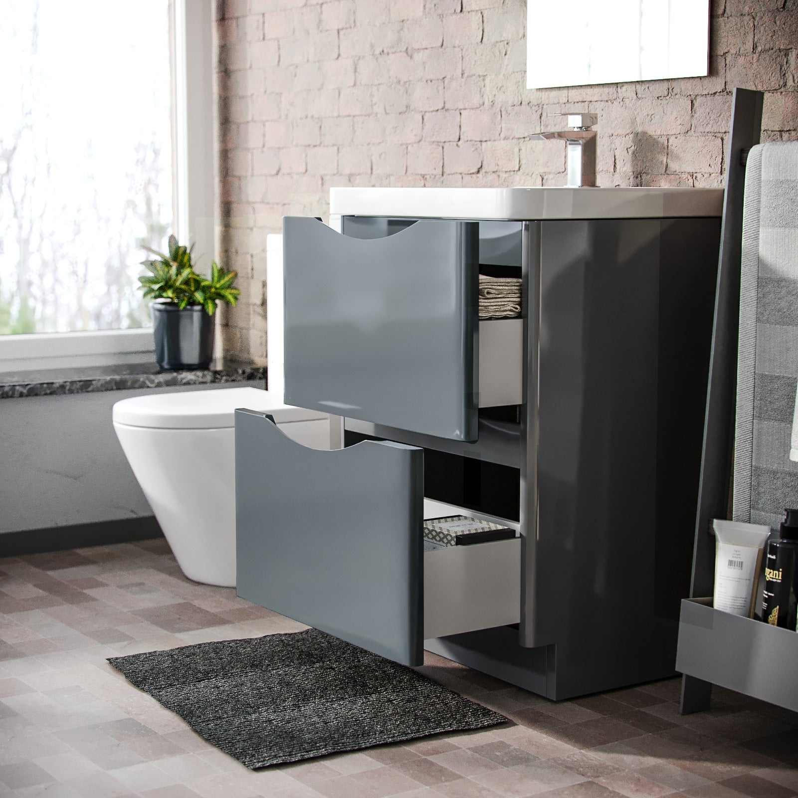 Merton Grey 600 mm Basin Sink Vanity and Rimless Close Coupled Toilet