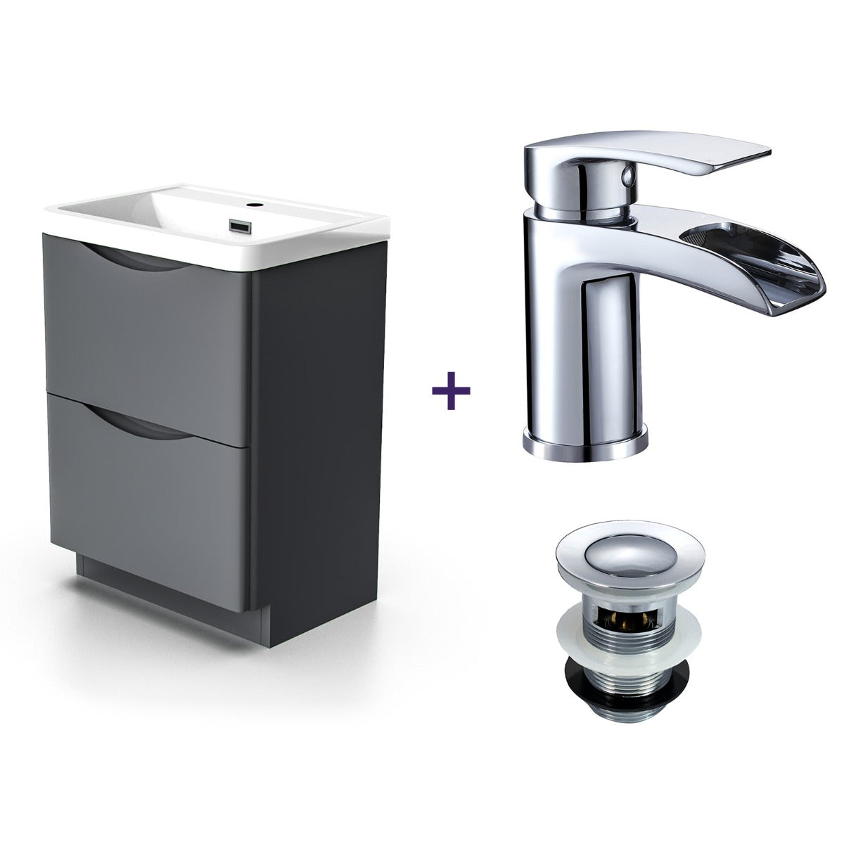 Merton Dark Grey Flat Pack Vanity Cabinet with a Waterfall Basin Tap + Free Waste Set