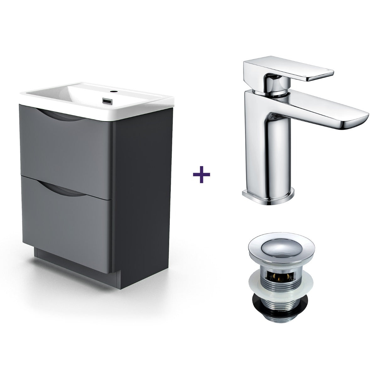 Merton Dark Grey Basin Sink Flat Pack Vanity Unit and Basin Tap with Waste Set