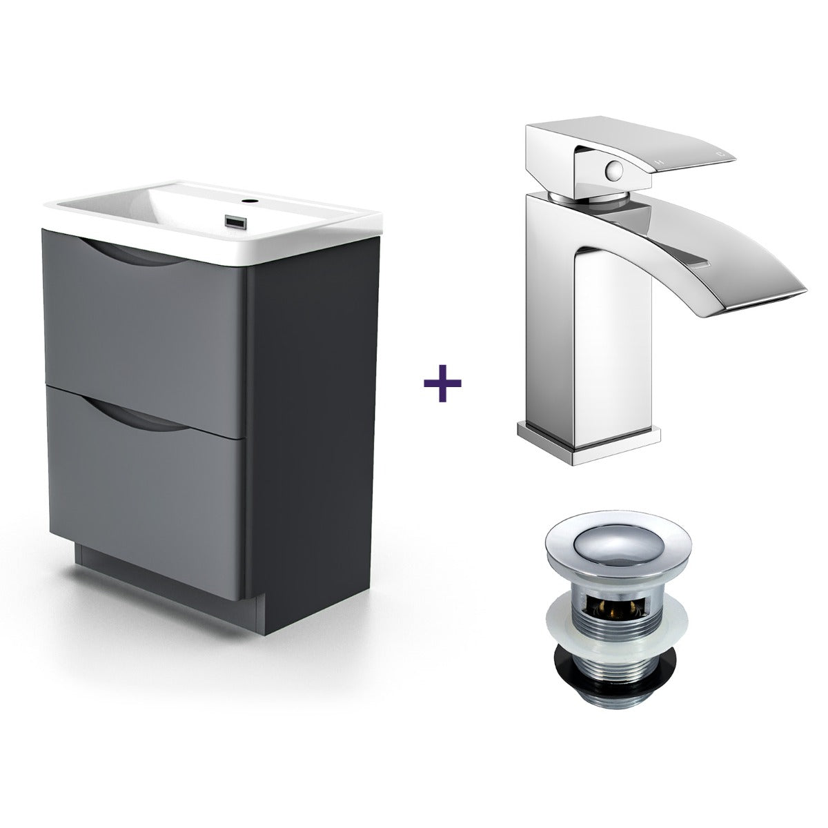 Merton Dark Grey Basin Sink Flat Pack Vanity Unit with a Waterfall Basin Mixer Tap and Waste Set