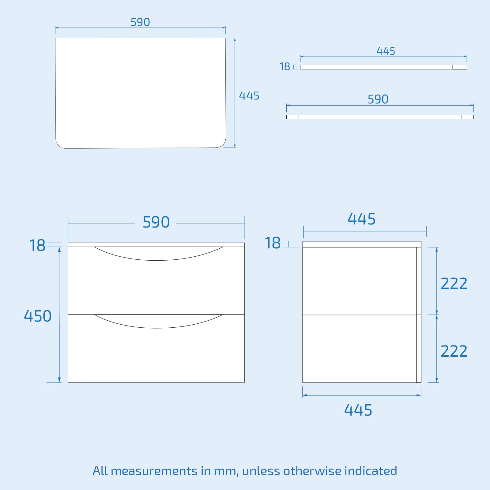 Technical drawing with dimensions on a light blue background