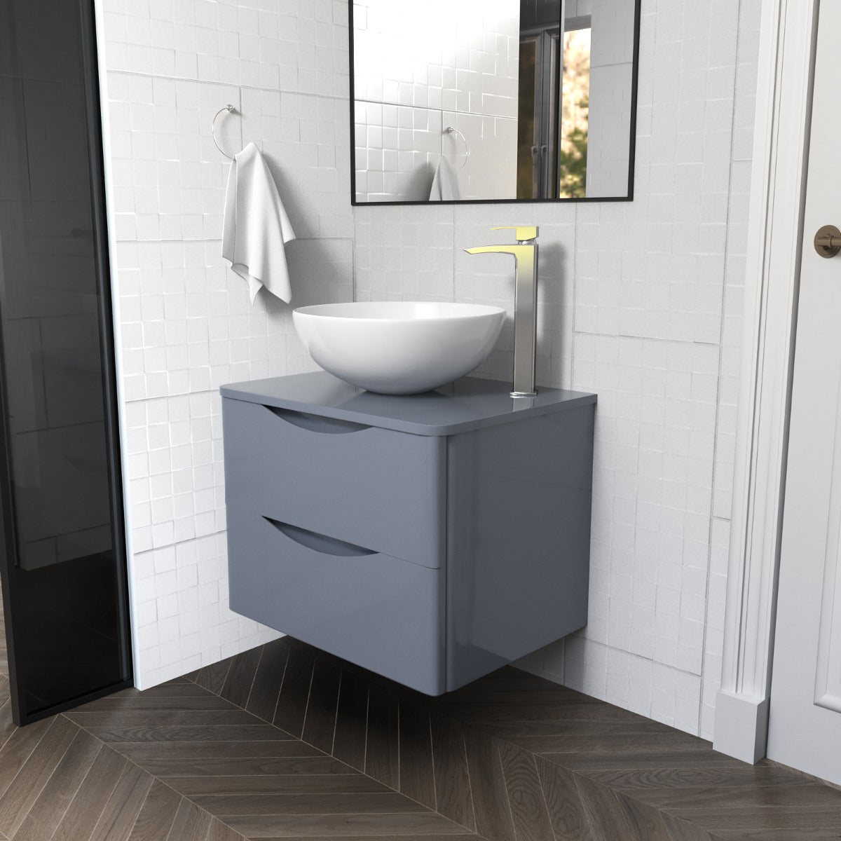 Merton 600mm Grey Bathroom Wall Hung Vanity Unit + Round Ceramic Countertop 420mm Basin