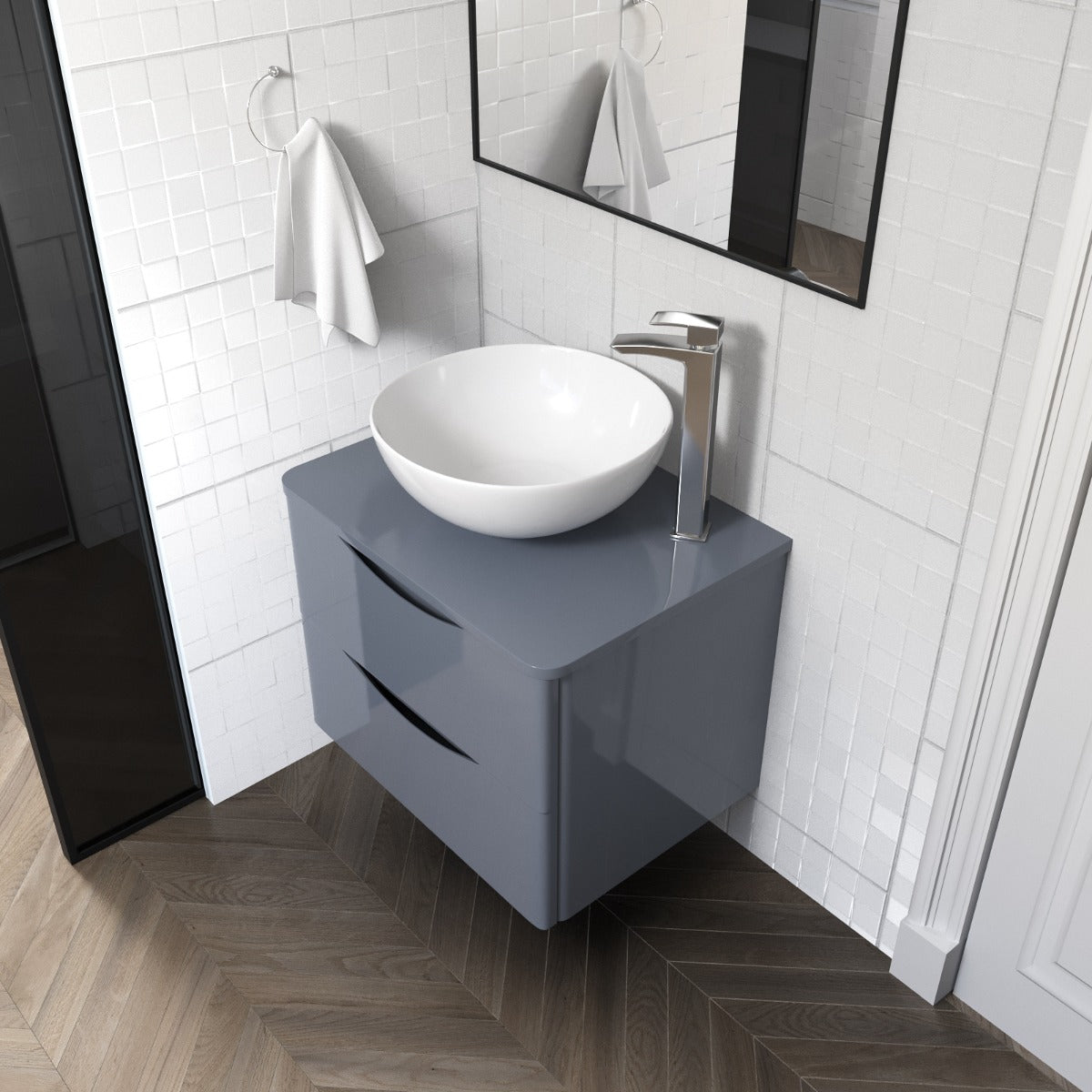 Merton 600mm Grey Bathroom Wall Hung Vanity Unit + Round Ceramic Countertop 420mm Basin