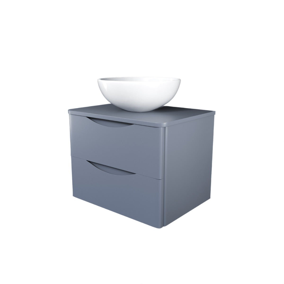 Gray cabinet with a white bowl on top against a white background