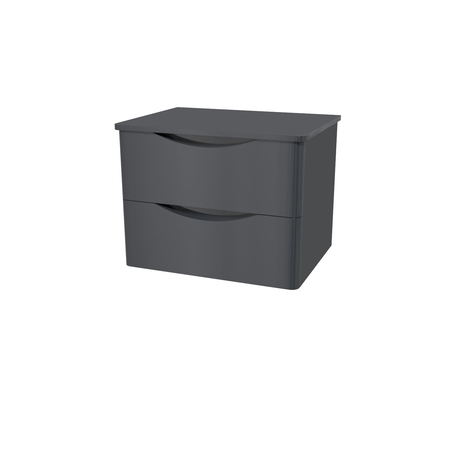 Dark gray two-drawer storage unit on a white background