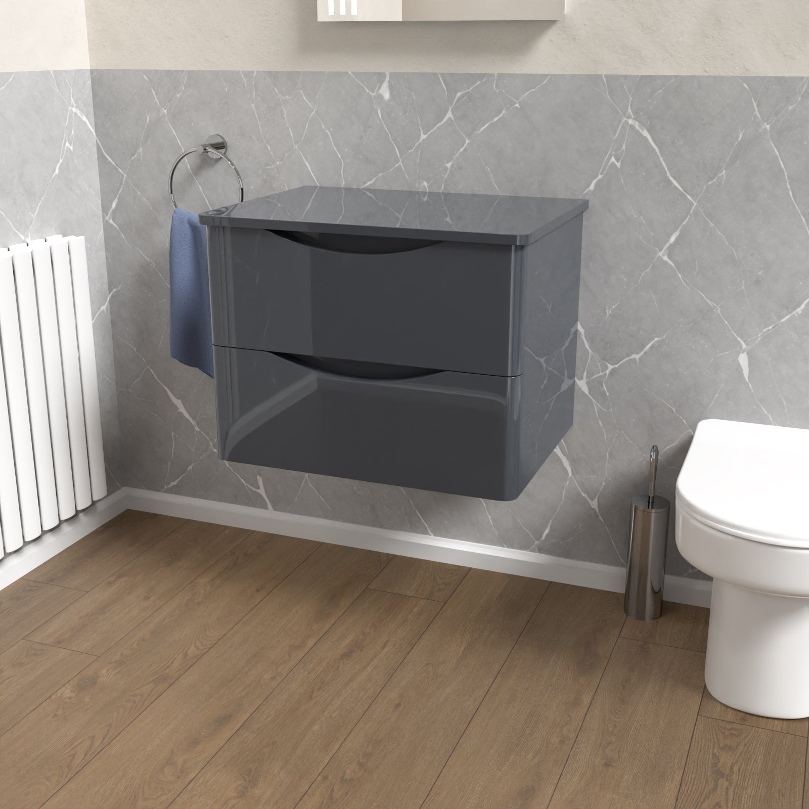 Gray wall-mounted cabinet in a bathroom with a toilet and tiled wall.