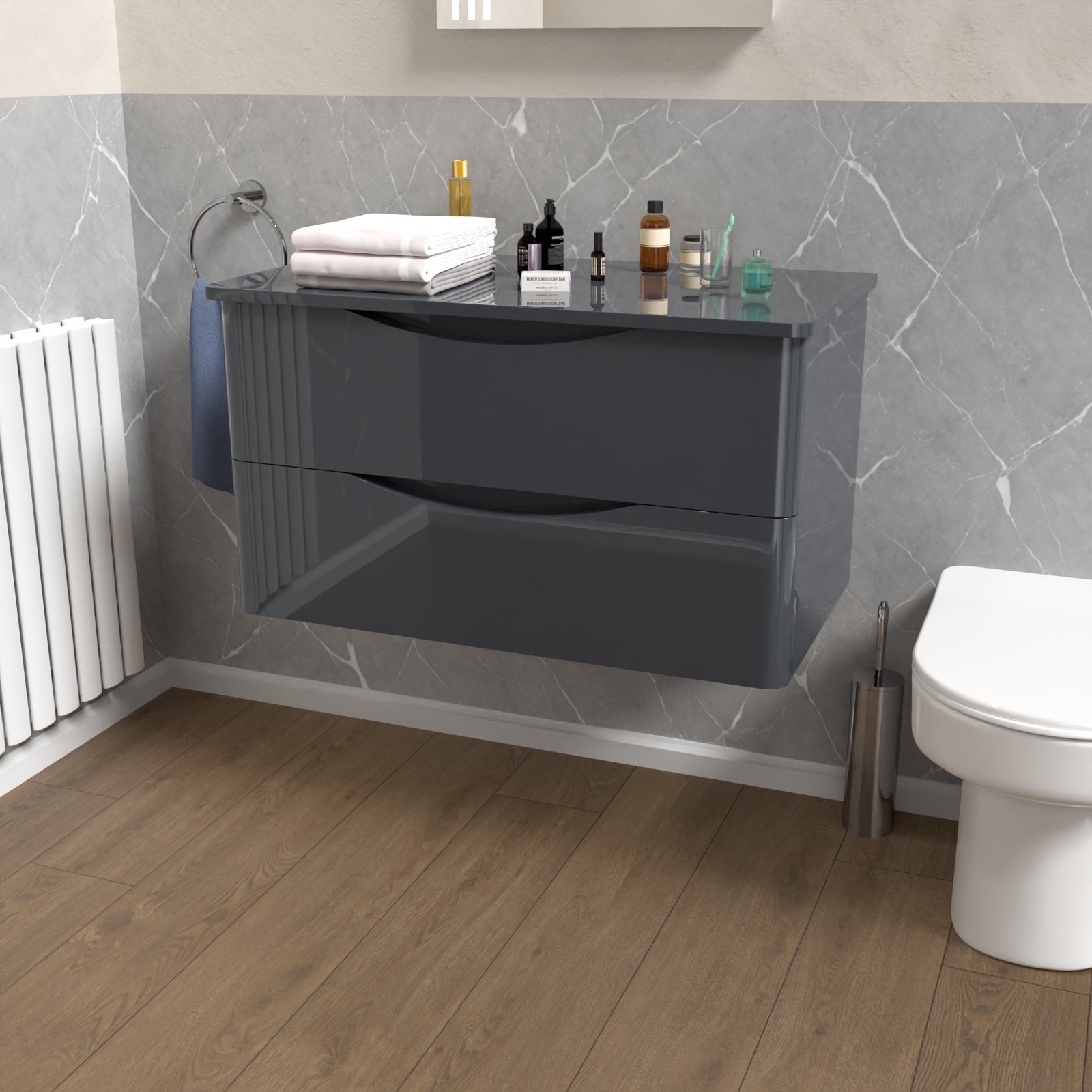 Gray wall-mounted cabinet in a bathroom with toiletries and a toilet.