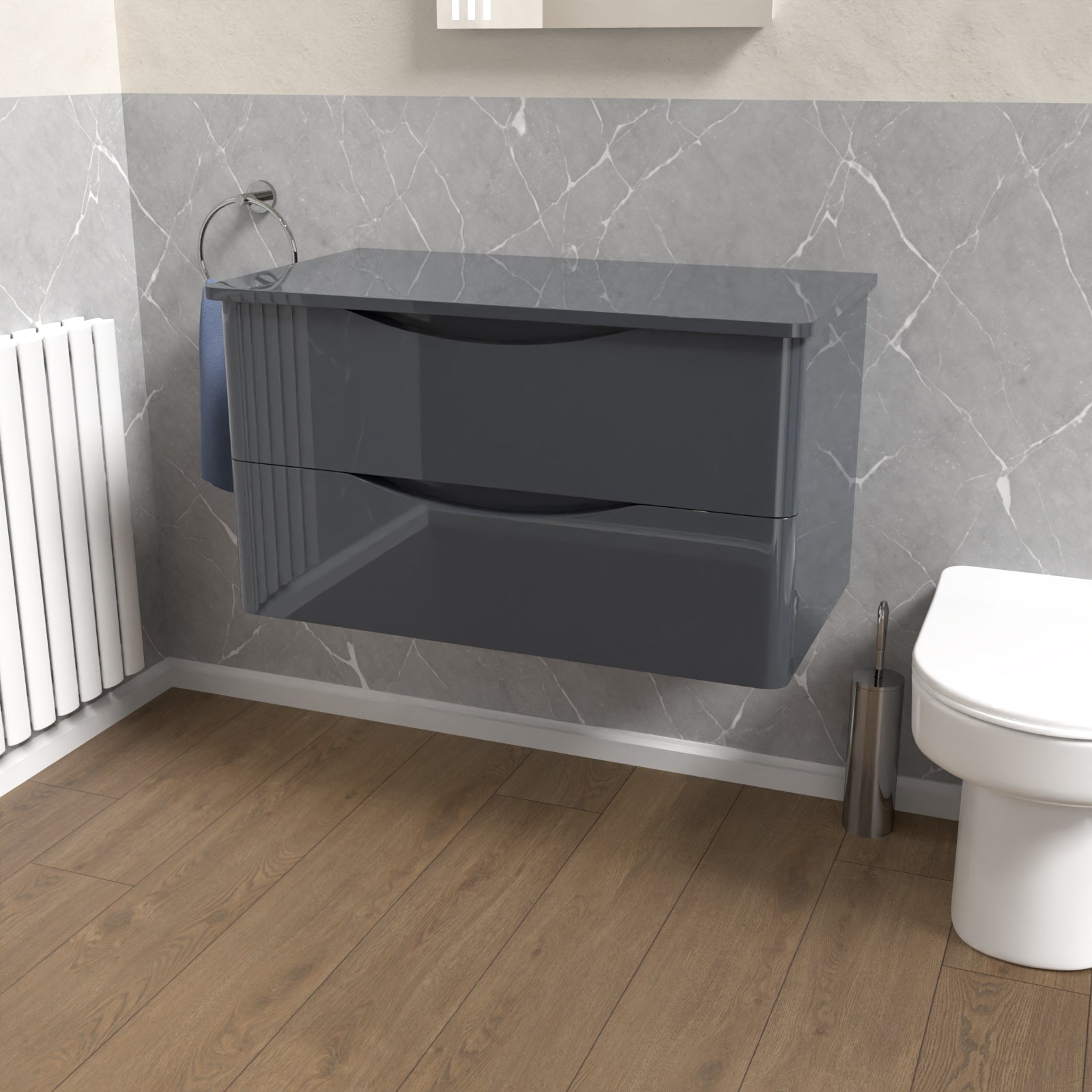 Gray wall-mounted cabinet in a bathroom with a toilet and radiator.