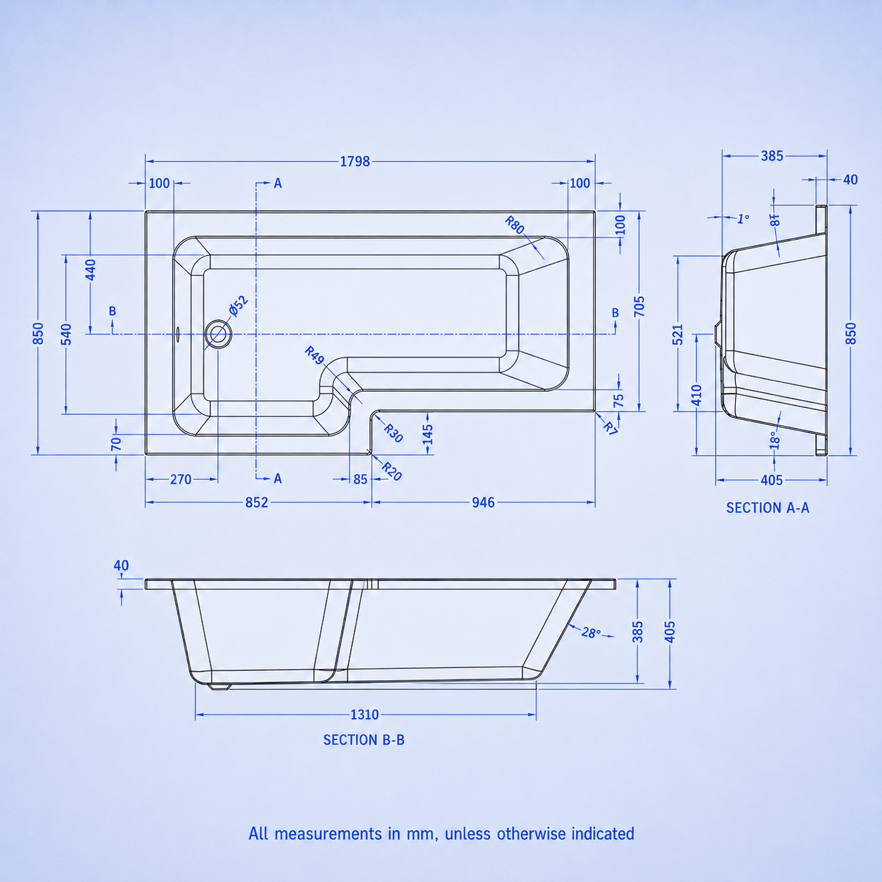 1800mm x 850mm L Shaped LH Curved Shower Bath Acrylic & Front Panel