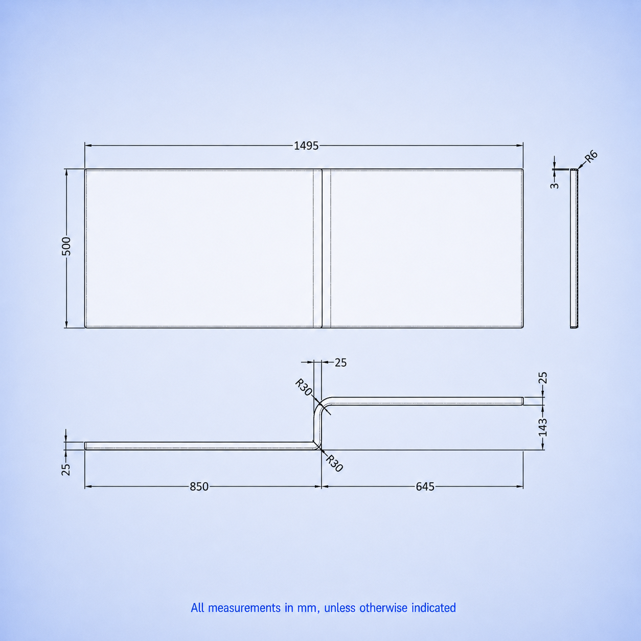 1500mm x 850mm L Shaped RH Curved Shower Bath Acrylic & Front Panel