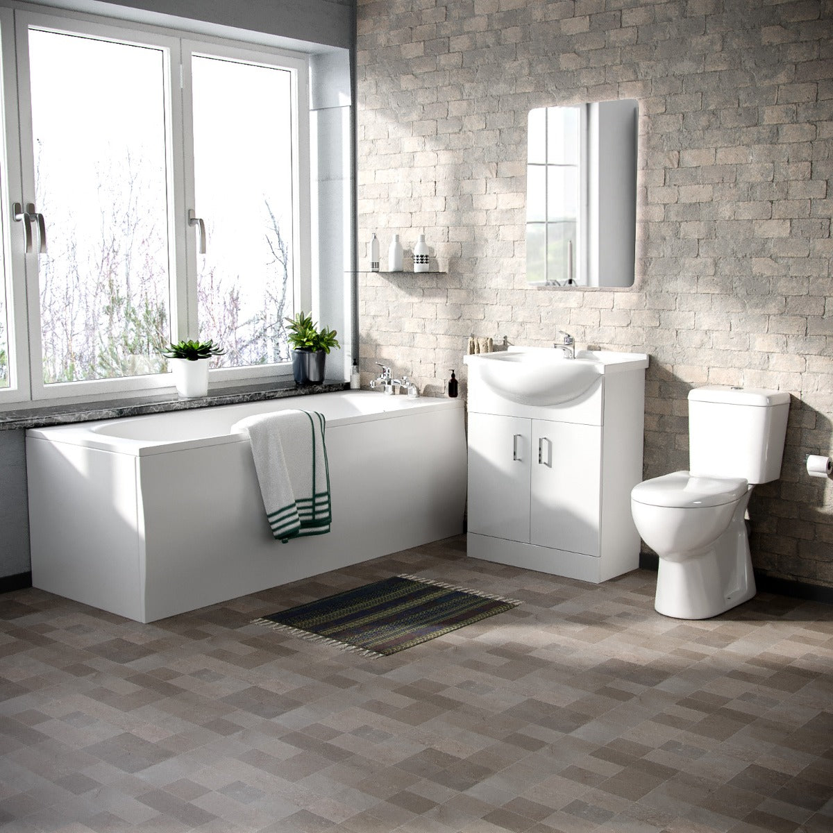 Ellen White 650mm Basin Vanity Unit Close Coupled Toilet & Round Bath Tub Suite