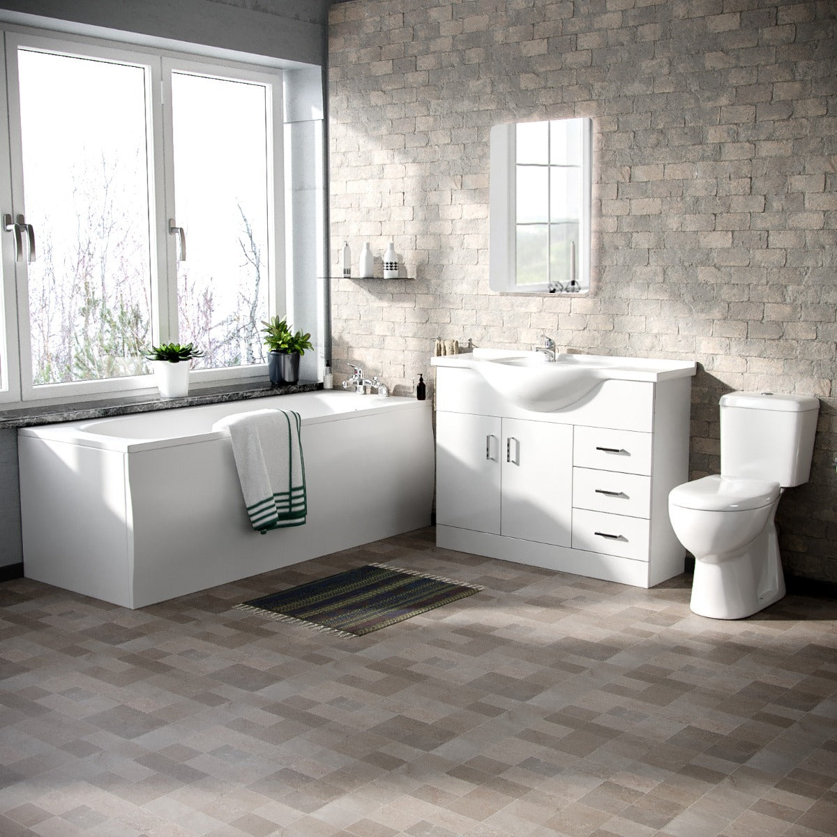 Ellen White 1050mm Basin Vanity Unit Round Bath Tub & Close Coupled Toilet