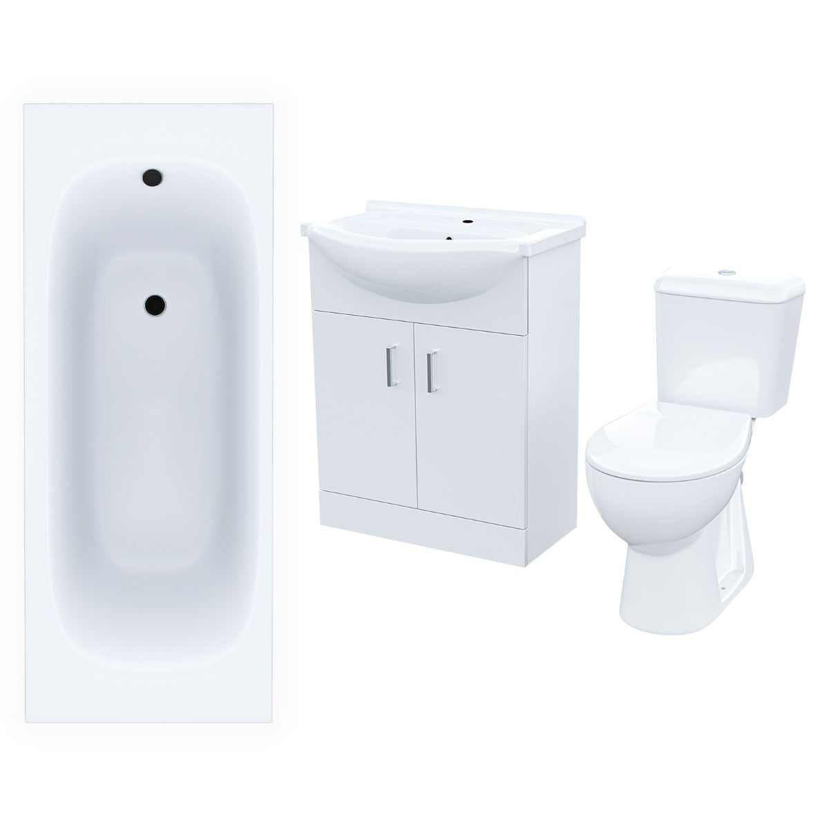 Ellen White 650mm Basin Vanity Unit Close Coupled Toilet & Round Bath Tub Suite