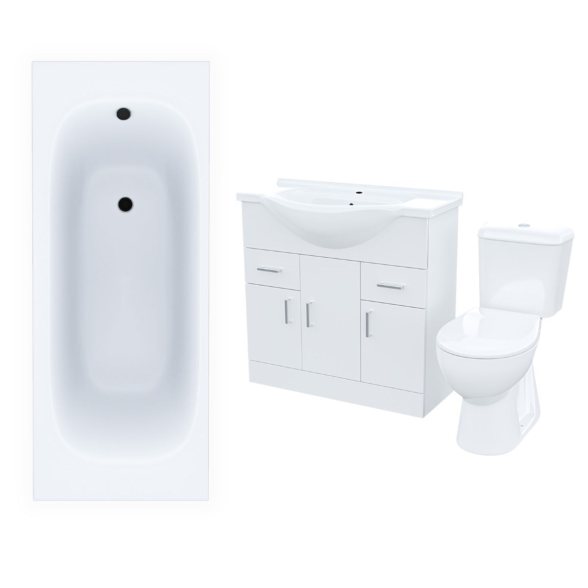 Ellen White 850mm Basin Vanity Unit Toilet & Bath Tub 3-Piece Bathroom Suite