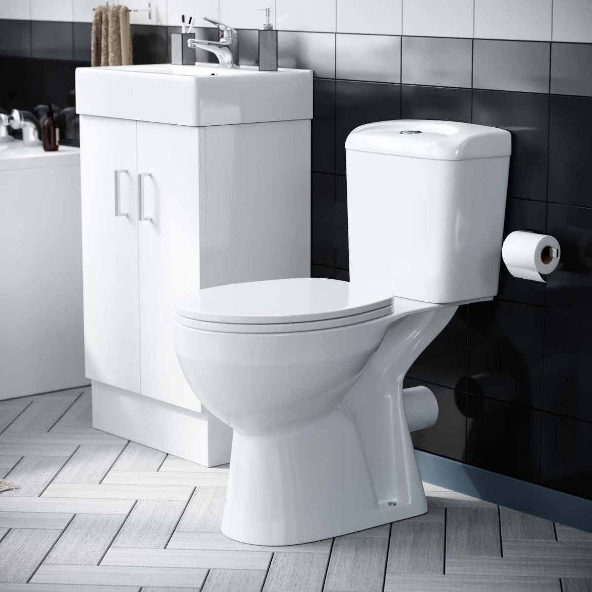 Nanuya 500 Flat Pack Vanity & WC Toilet Pan and Round Bathtub & Panels