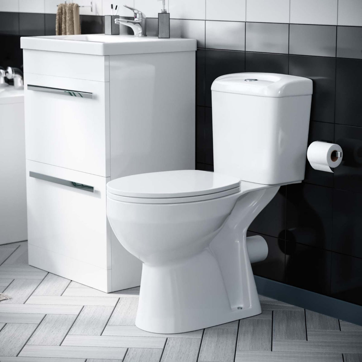 Nanuya 1700mm Bath, Close Coupled Toilet & 500 mm 2 Drawer Vanity Basin Cabinet