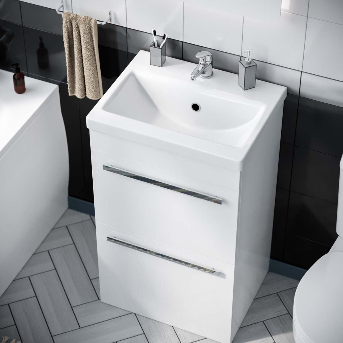 Nanuya 1700mm Bath, Close Coupled Toilet & 500 mm 2 Drawer Vanity Basin Cabinet