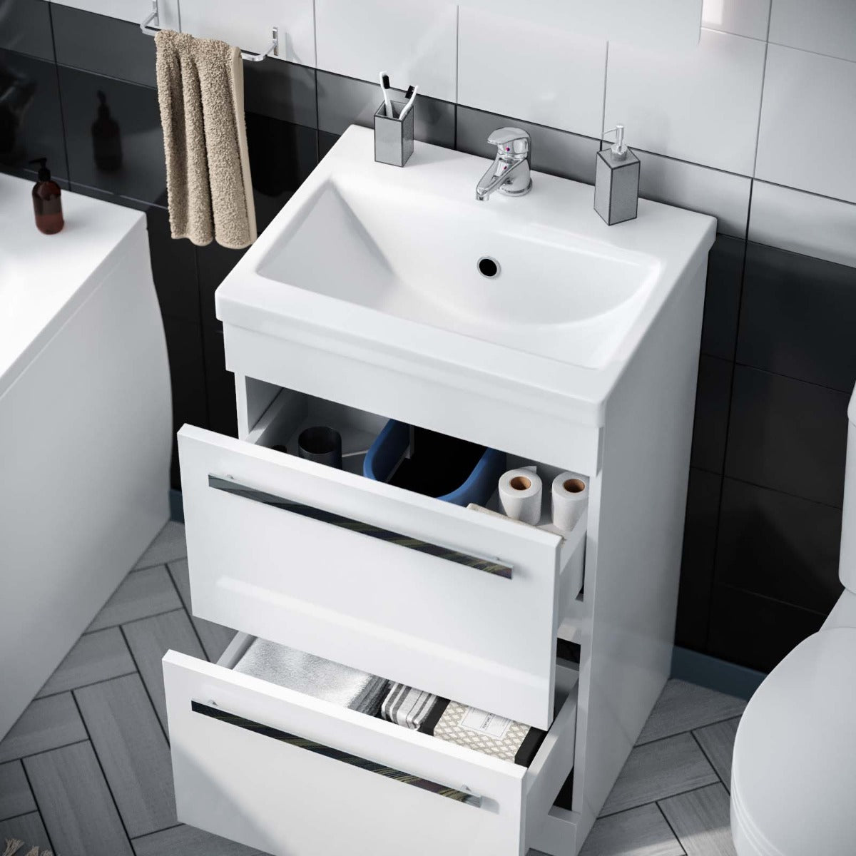 Nanuya 1700mm Bath, Close Coupled Toilet & 500 mm 2 Drawer Vanity Basin Cabinet