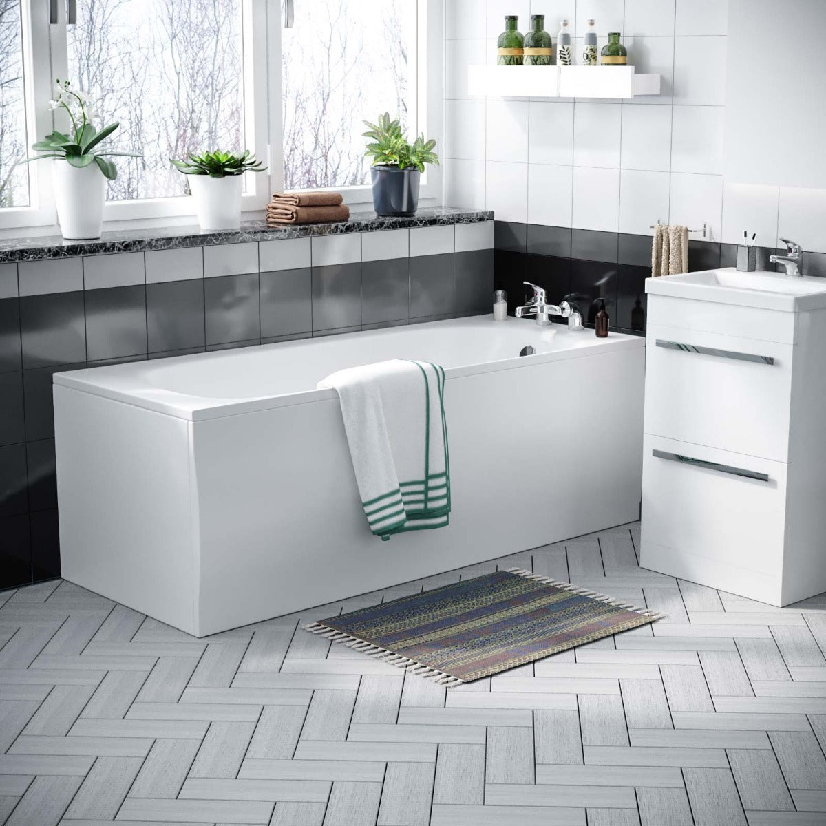 Nanuya 1700mm Bath, Close Coupled Toilet & 500 mm 2 Drawer Vanity Basin Cabinet