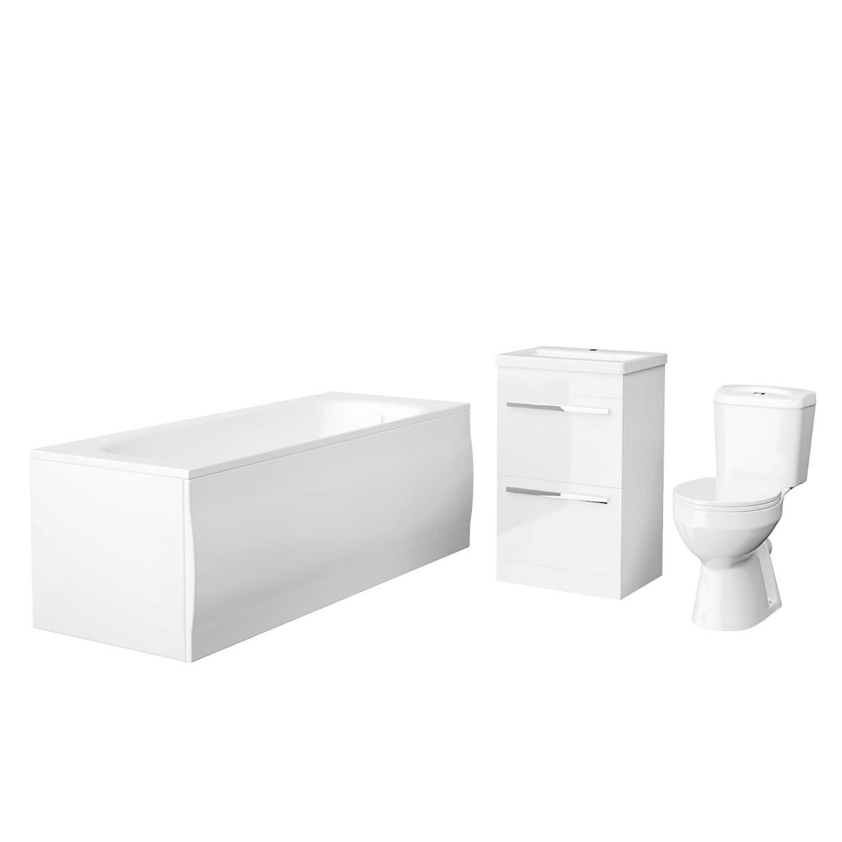 Nanuya 1700mm Bath, Close Coupled Toilet & 500 mm 2 Drawer Vanity Basin Cabinet