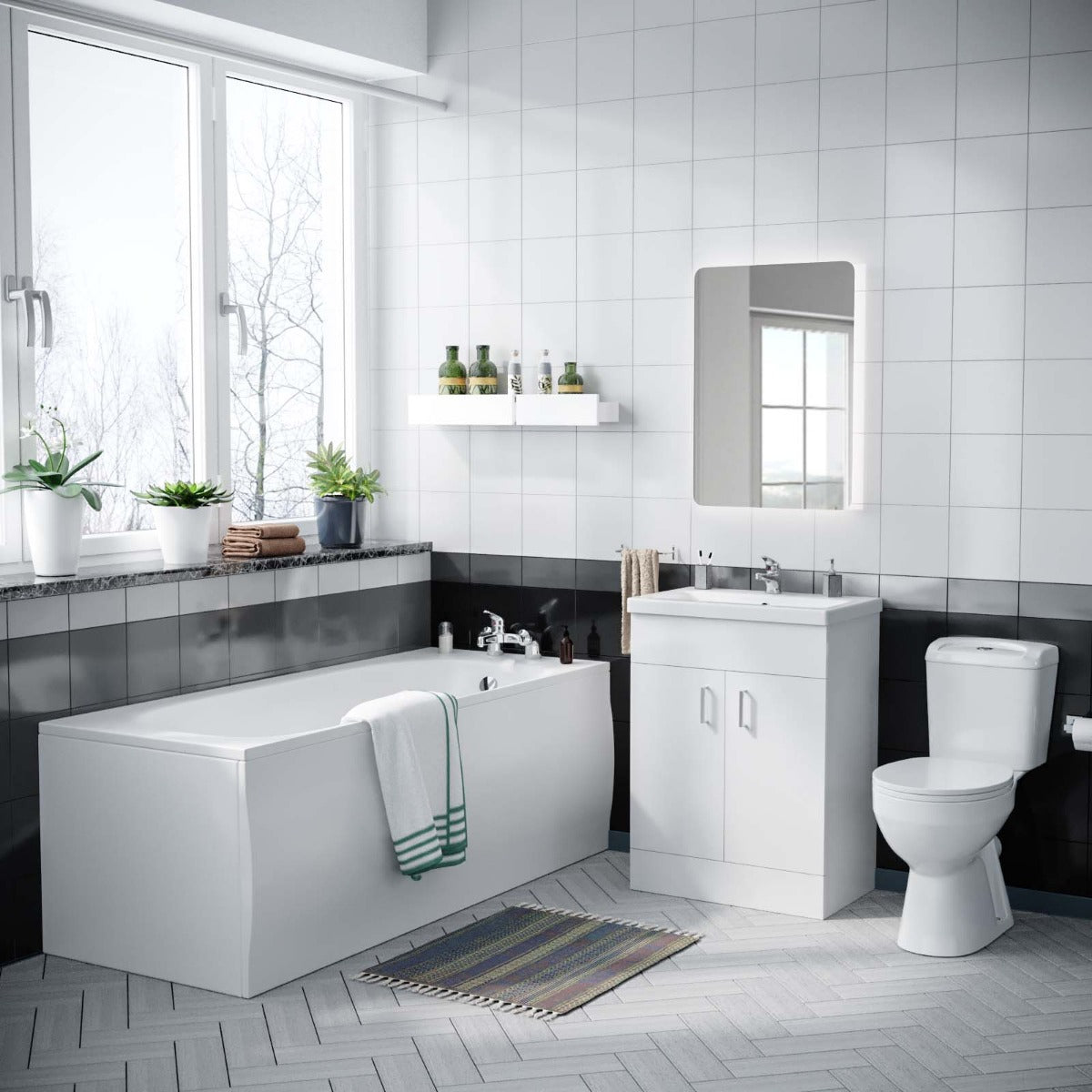 Nanuya 500 Flat Pack Vanity & WC Toilet Pan and Round Bathtub & Panels