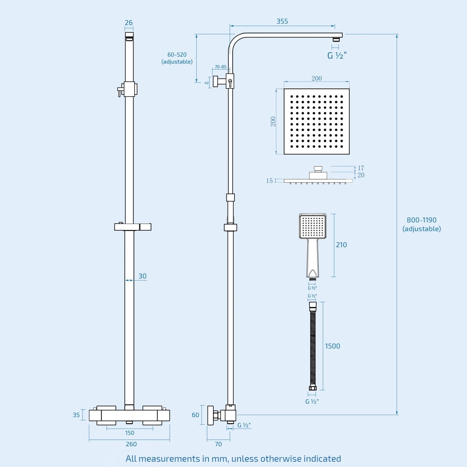 Regent Square Modern Thermostatic Bar Valve & Riser Rail Kit