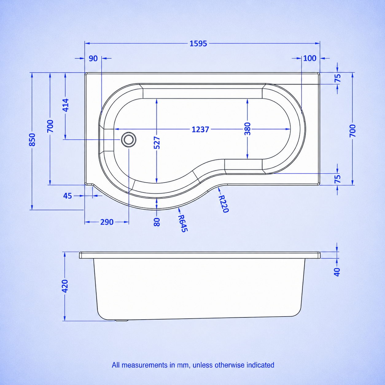 P Shaped 1600mm x 850mm LH Curved Shower Bath Acrylic & Front Panel & Bath Screen