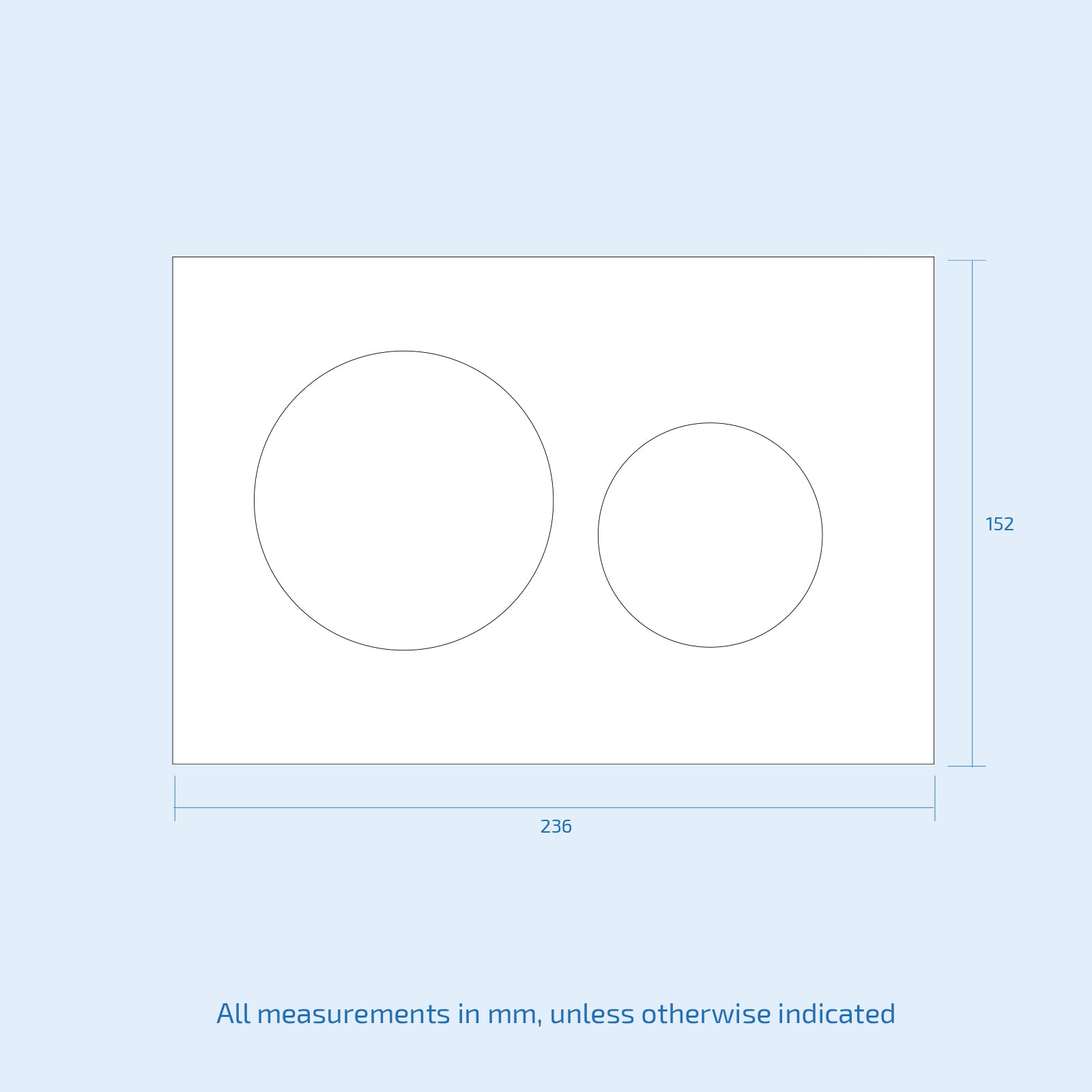 A technical drawing/blueprint of a two flush plumbing system with measurements on a light blue background