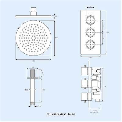 Flora 3 way 3 dial Round Concealed Thermostatic Mixer Valve, Body Jets, Shower head and handheld