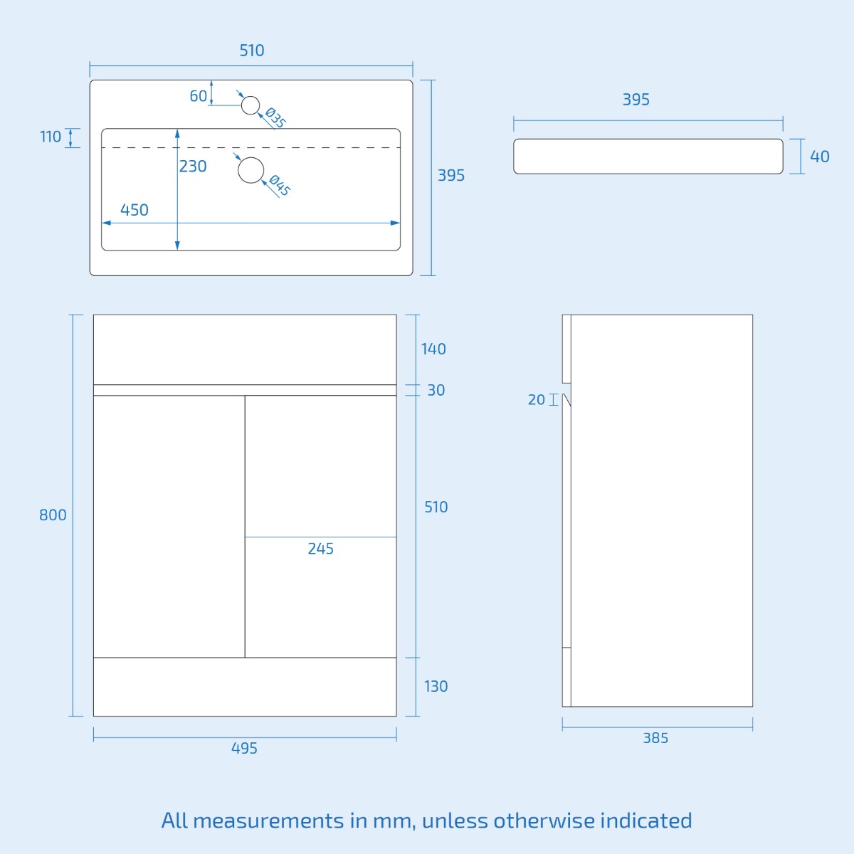 Alaska White Freestanding PVC 500mm 2 Doors Vanity & WC Unit