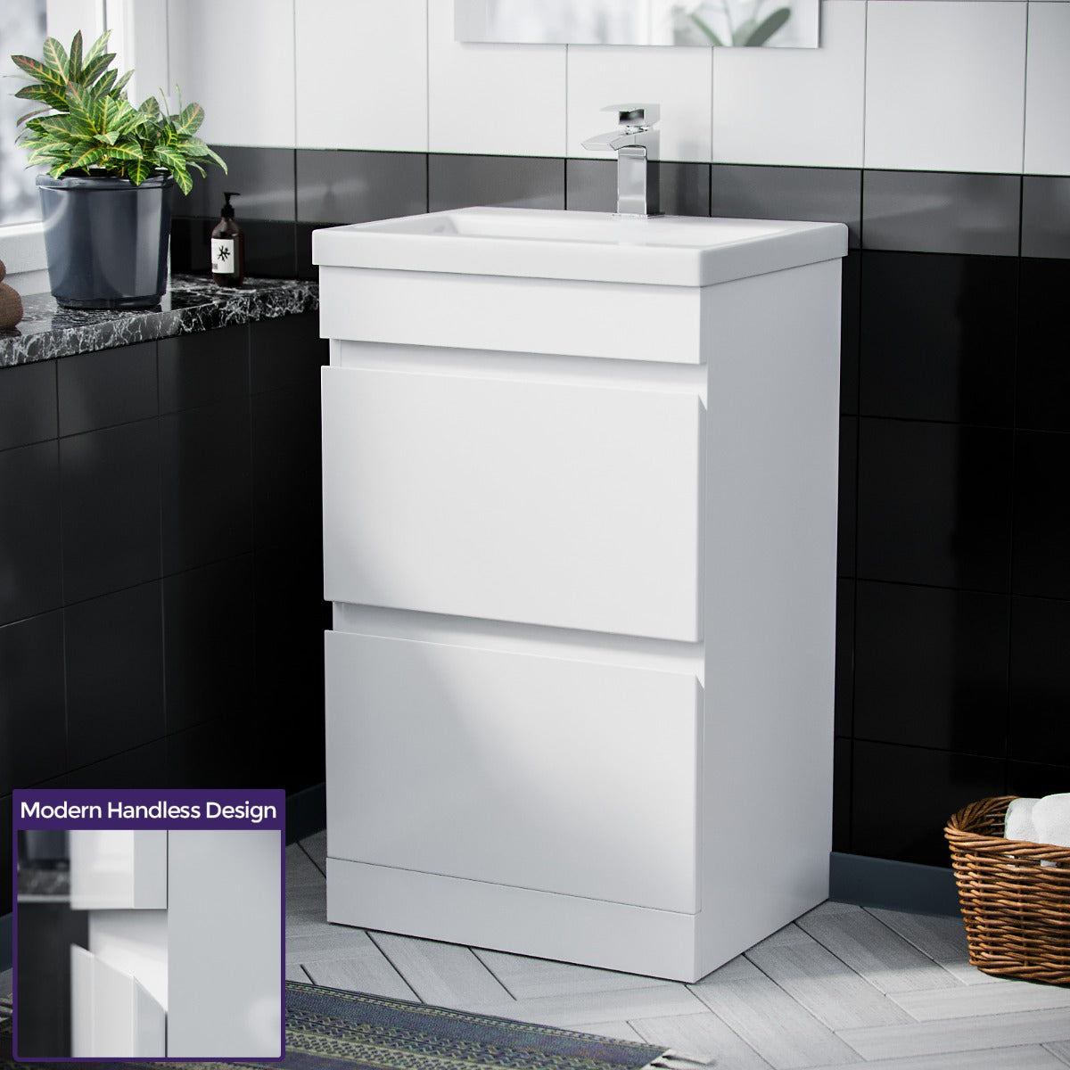 Alaska White 500mm PVC 2 Drawer Vanity Cabinet & Basin Sink Unit Floor Standing