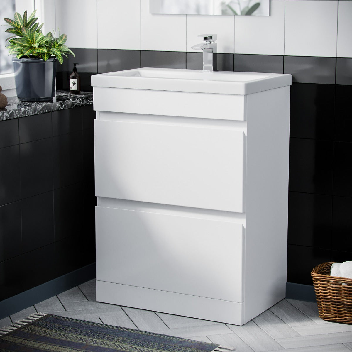 Alaska White 600mm PVC 2 Drawer Vanity Cabinet & Basin Sink Floor Standing