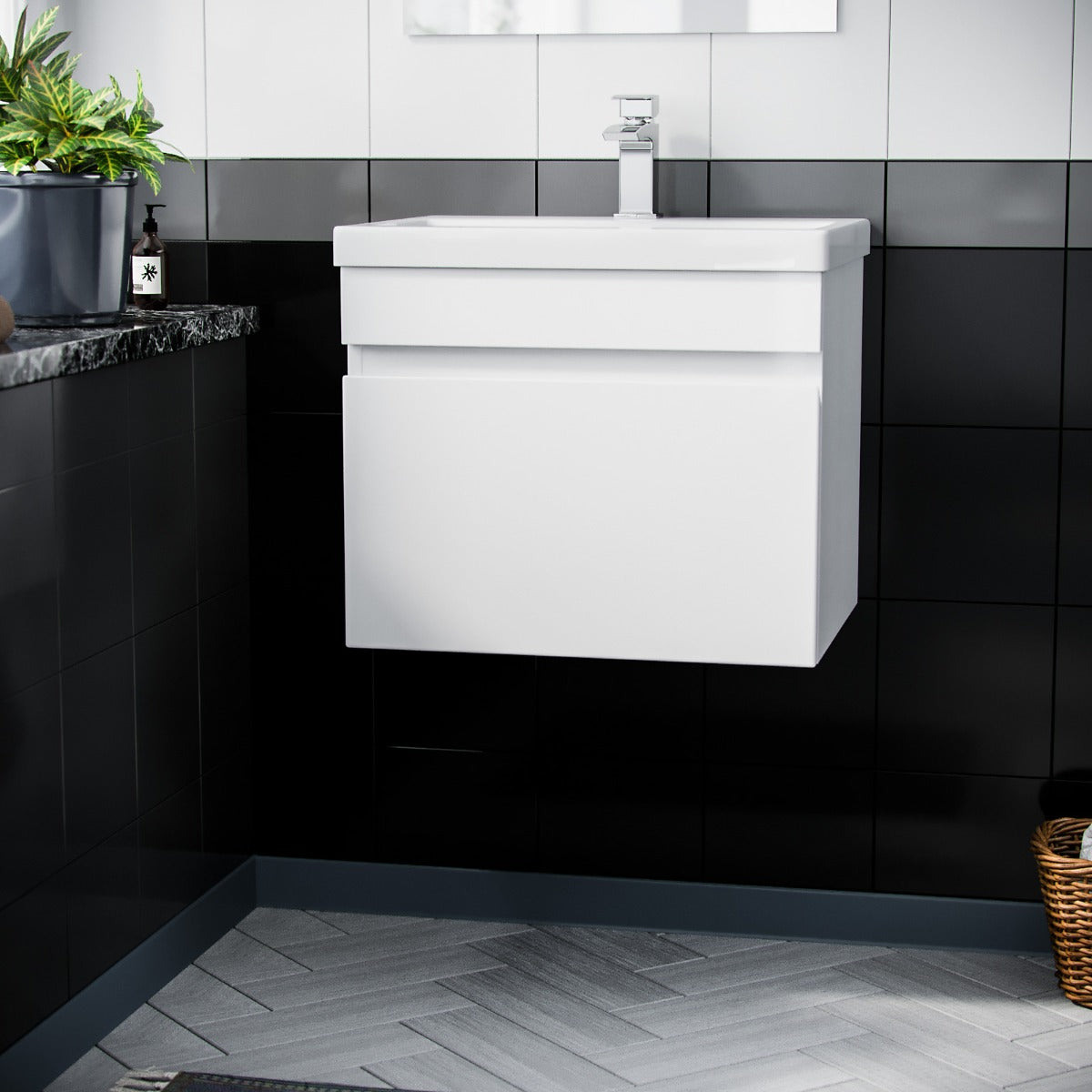 Alaska 500mm 1 Drawer White Wall Hung Vanity Cabinet and Basin Sink Unit