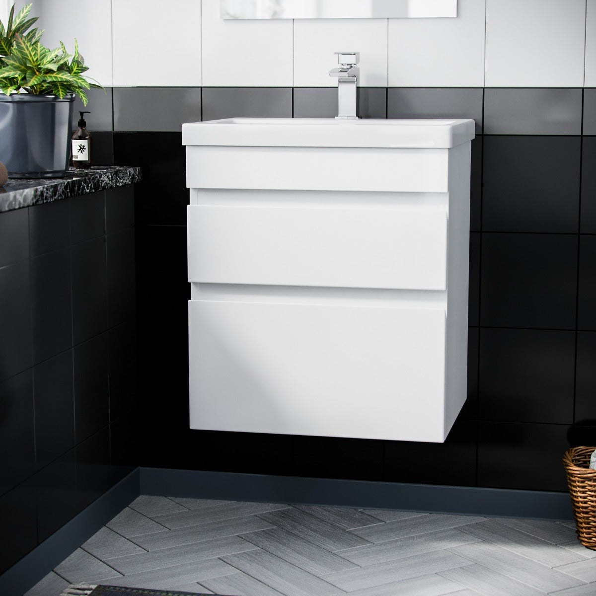 Alaska 600mm 2 Drawer White Wall Hung Vanity Cabinet and Basin Sink Unit