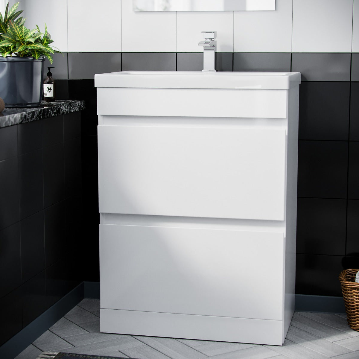 Alaska White 600mm PVC 2 Drawer Vanity Cabinet & Basin Sink Floor Standing