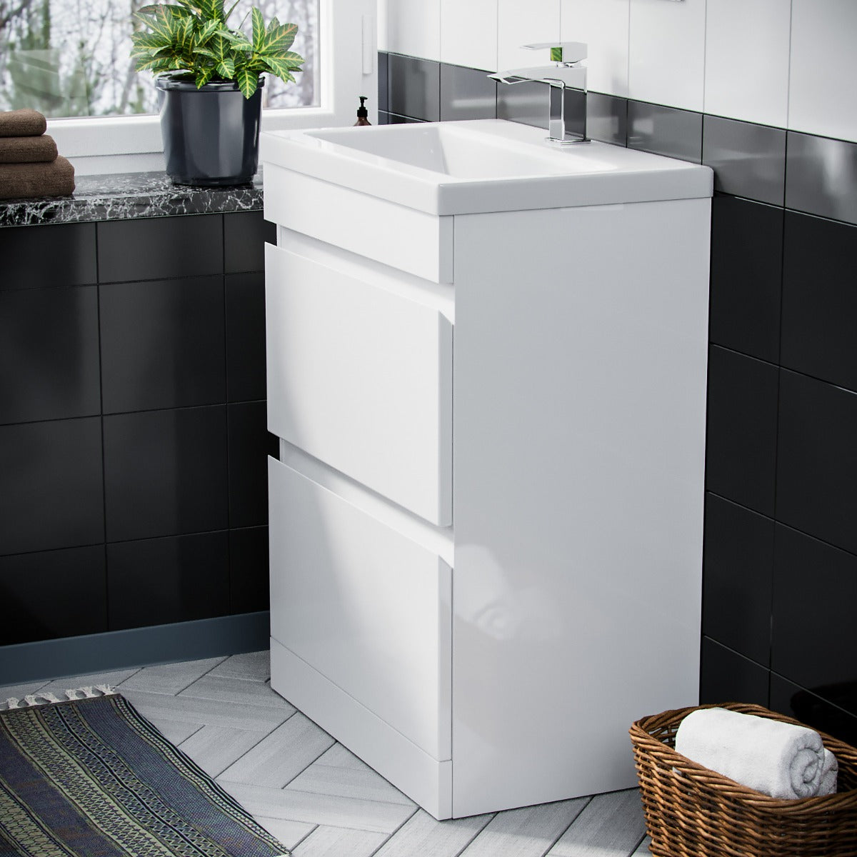 Alaska White 600mm PVC 2 Drawer Vanity Cabinet & Basin Sink Floor Standing