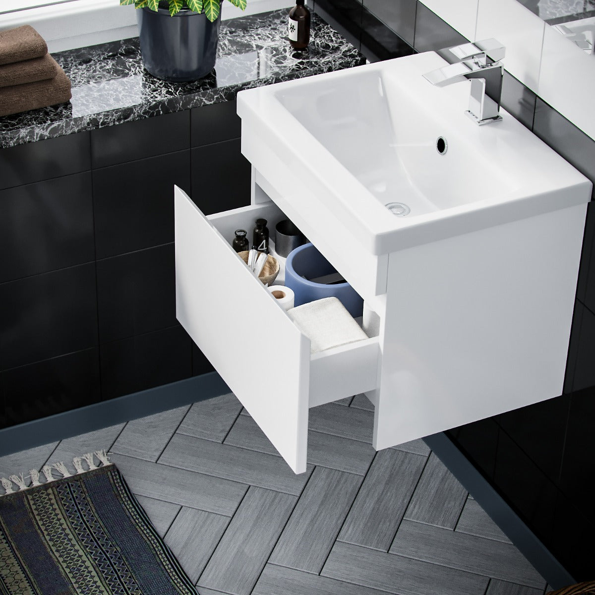 Alaska 500mm 1 Drawer White Wall Hung Vanity Cabinet and Basin Sink Unit