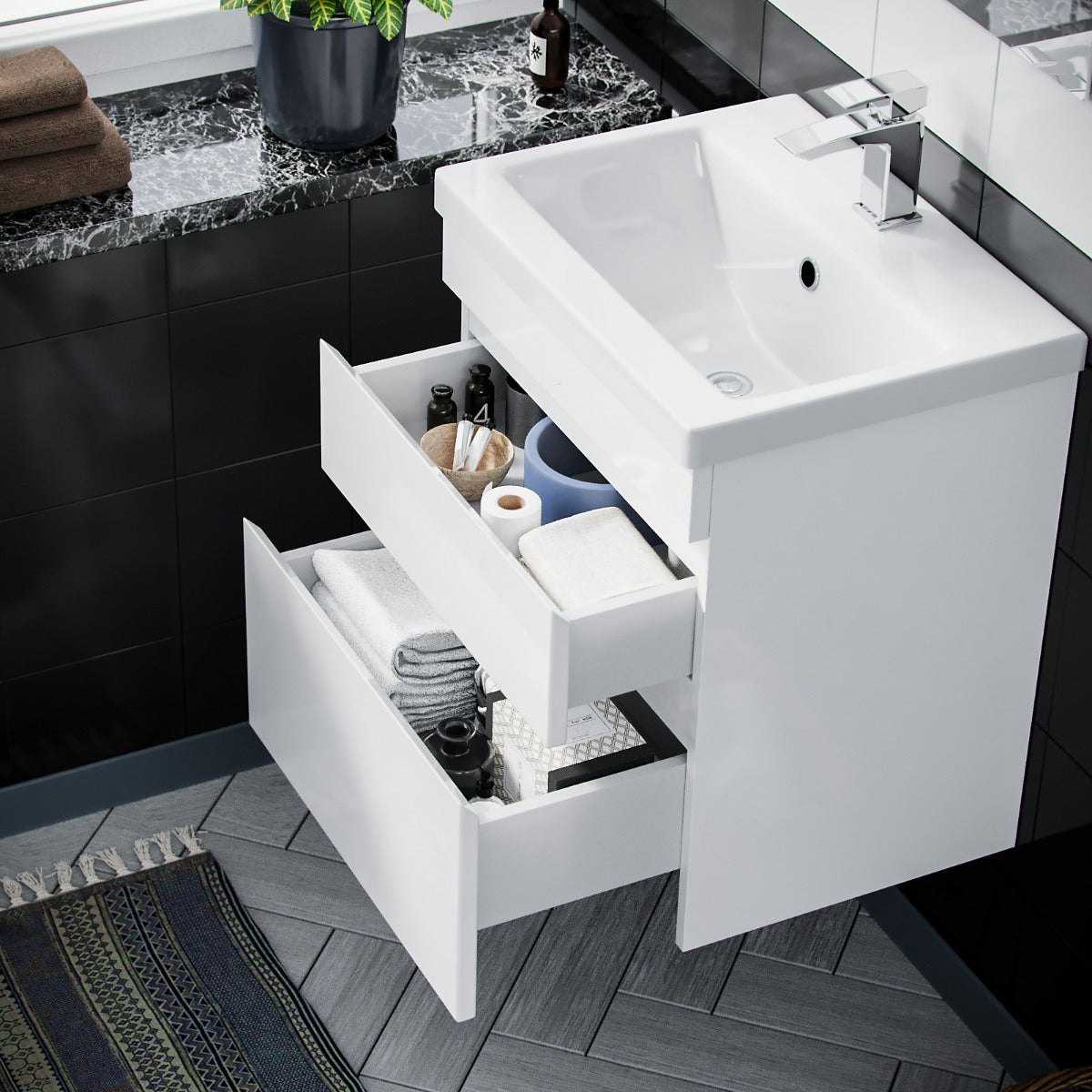 Alaska 600mm 2 Drawer White Wall Hung Vanity Cabinet and Basin Sink Unit