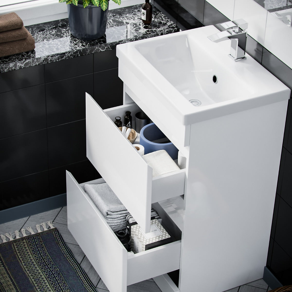 Alaska White 500mm PVC 2 Drawer Vanity Cabinet & Basin Sink Unit Floor Standing
