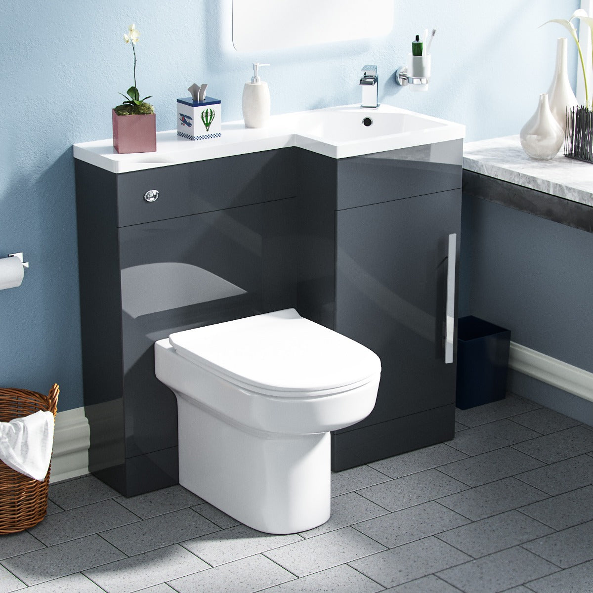 Alaska RH 900mm Flat Pack Vanity Basin Unit, WC Unit & Chem Back to Wall Toilet Grey