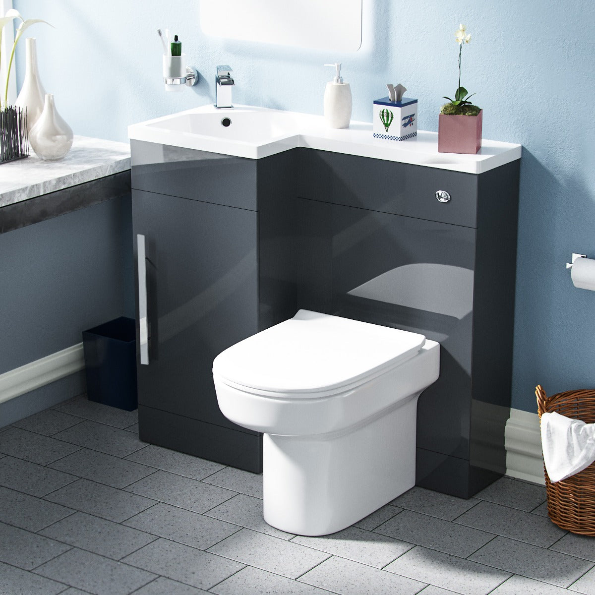 Alaska LH 900mm Flat Pack Vanity Basin Unit, WC Unit & Chem Back to Wall Toilet Grey