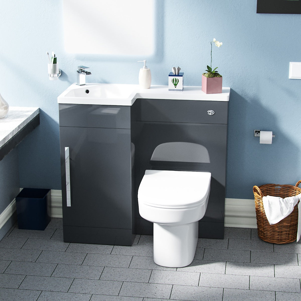 Alaska LH 900mm Flat Pack Vanity Basin Unit, WC Unit & Chem Back to Wall Toilet Grey