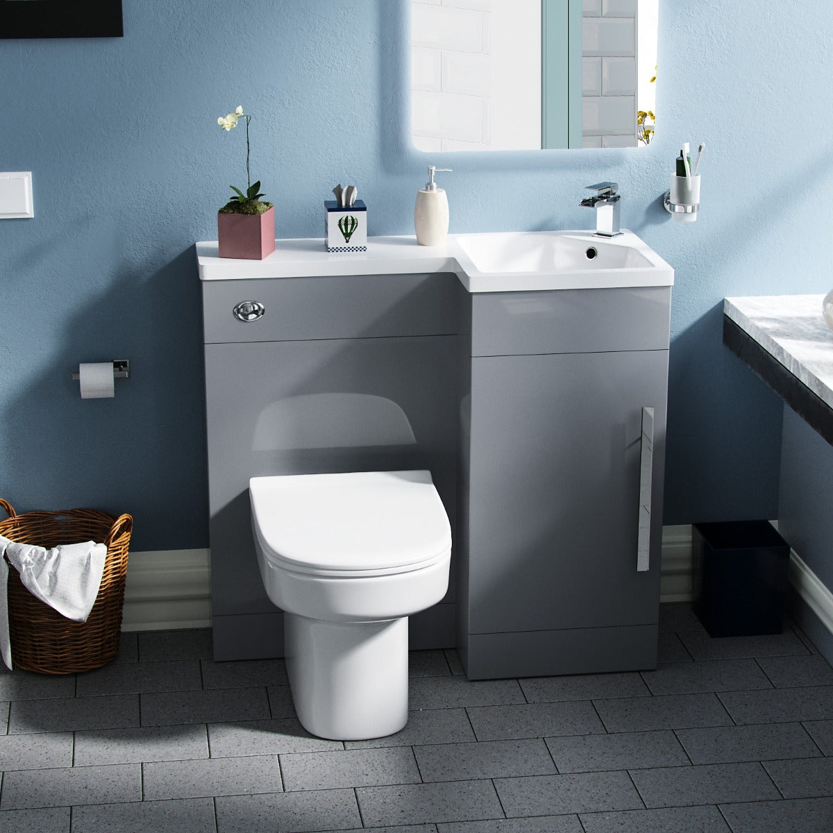 Alaska RH 900mm Vanity Basin Unit, WC Unit & Chem Back to Wall Toilet Grey