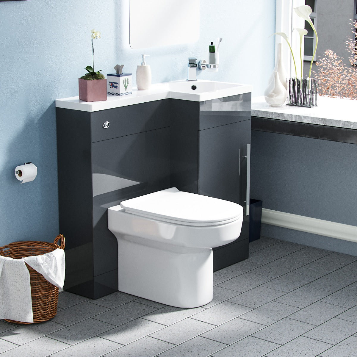 Alaska RH 900mm Flat Pack Vanity Basin Unit, WC Unit & Chem Back to Wall Toilet Grey